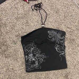 Black Tube Top with Silver Dragon Design - Size XS